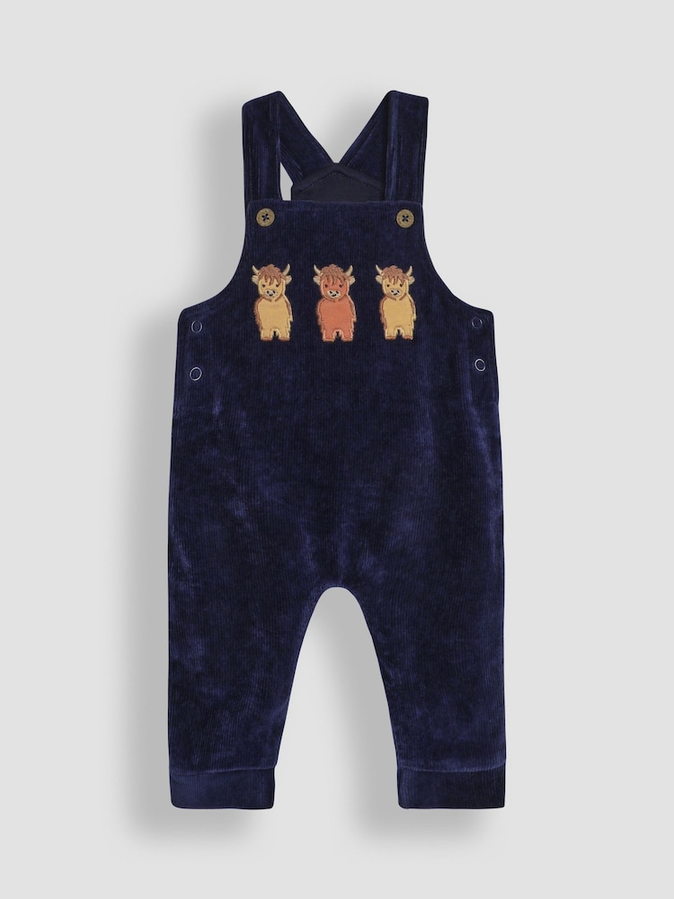 JoJo Maman Bébé Navy Blue Highland Cow Appliqué Velour Dungarees And Top Set - Image 2 of 6