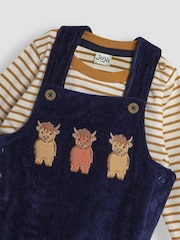 JoJo Maman Bébé Navy Blue Highland Cow Appliqué Velour Dungarees And Top Set - Image 6 of 6