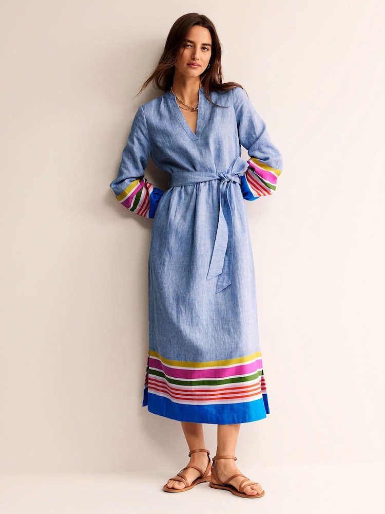 Boden Blue Linen Maxi Notch Neck Dress - Image 2 of 6 Boden Blue Linen Maxi Notch Neck Dress - Image 2 of 6