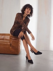 Preto - Premium Square Toe Leather Sling Back Heels - Imagem 2 de 10