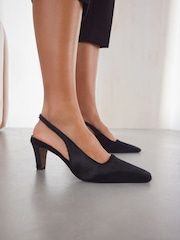 Preto - Premium Square Toe Leather Sling Back Heels - Imagem 3 de 10