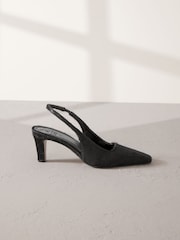 Preto - Premium Square Toe Leather Sling Back Heels - Imagem 6 de 10