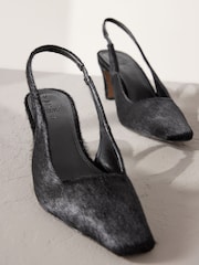 Preto - Premium Square Toe Leather Sling Back Heels - Imagem 8 de 10