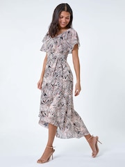 Rochie midi petrecută din șifon cu imprimeu frunză Roman - Imaginea 3 din 5
