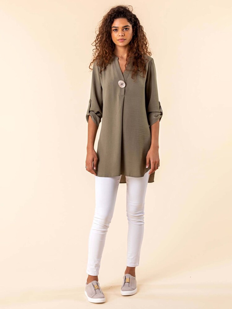 Roman Green Longline Button Detail Tunic Top - Image 1 of 4 Roman Green Longline Button Detail Tunic Top - Image 1 of 4