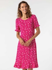 Roman Pink Floral Print Fluted Hem Dress - Image 1 of 4