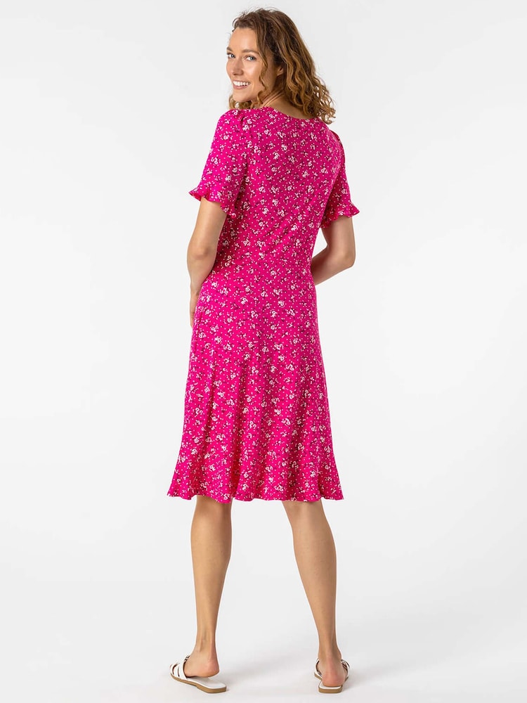 Roman Pink Floral Print Fluted Hem Dress - Image 2 of 4