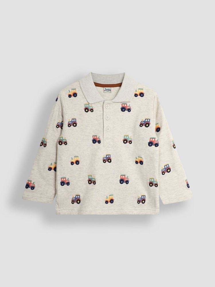 JoJo Maman Bébé Natural Tactor Long Sleeve Embroidered Polo Shirt - Image 1 of 3