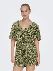 ONLY Green Palm Print Playsuit With A Touch Of Linen - Image 1 of 3