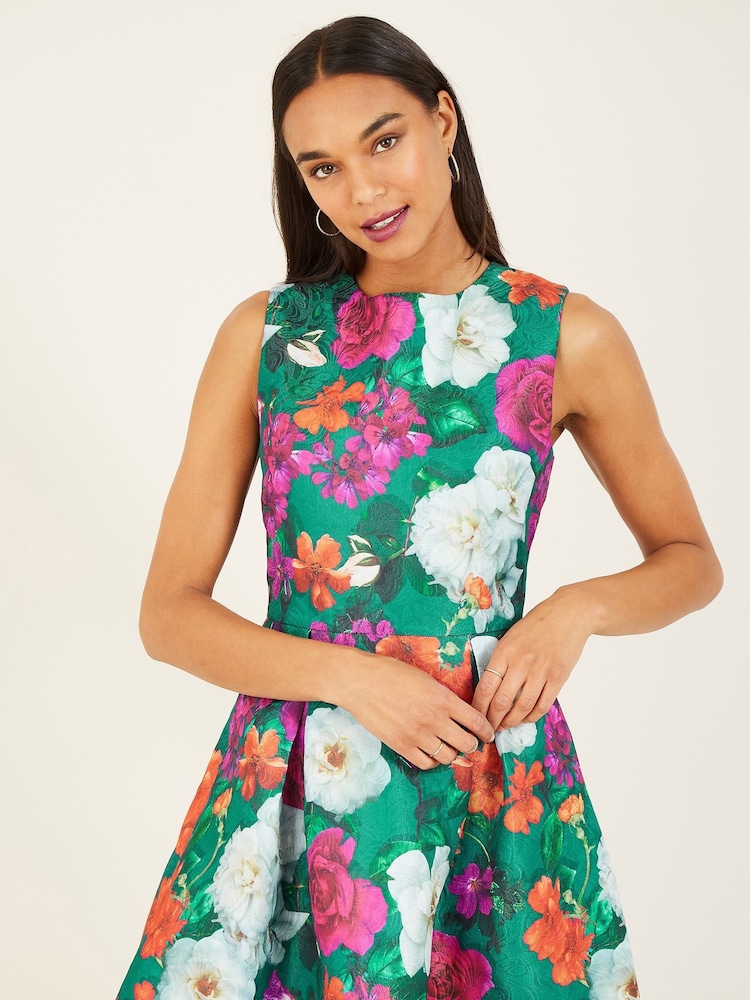 slim fit dress slacks Mela Green Floral Print Skater Dress With Back Tie