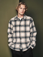 Ecru Natural Wool Blend Check Shacket Overshirt - Image 1 of 9