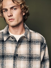 Ecru Natural Wool Blend Check Shacket Overshirt - Image 4 of 9