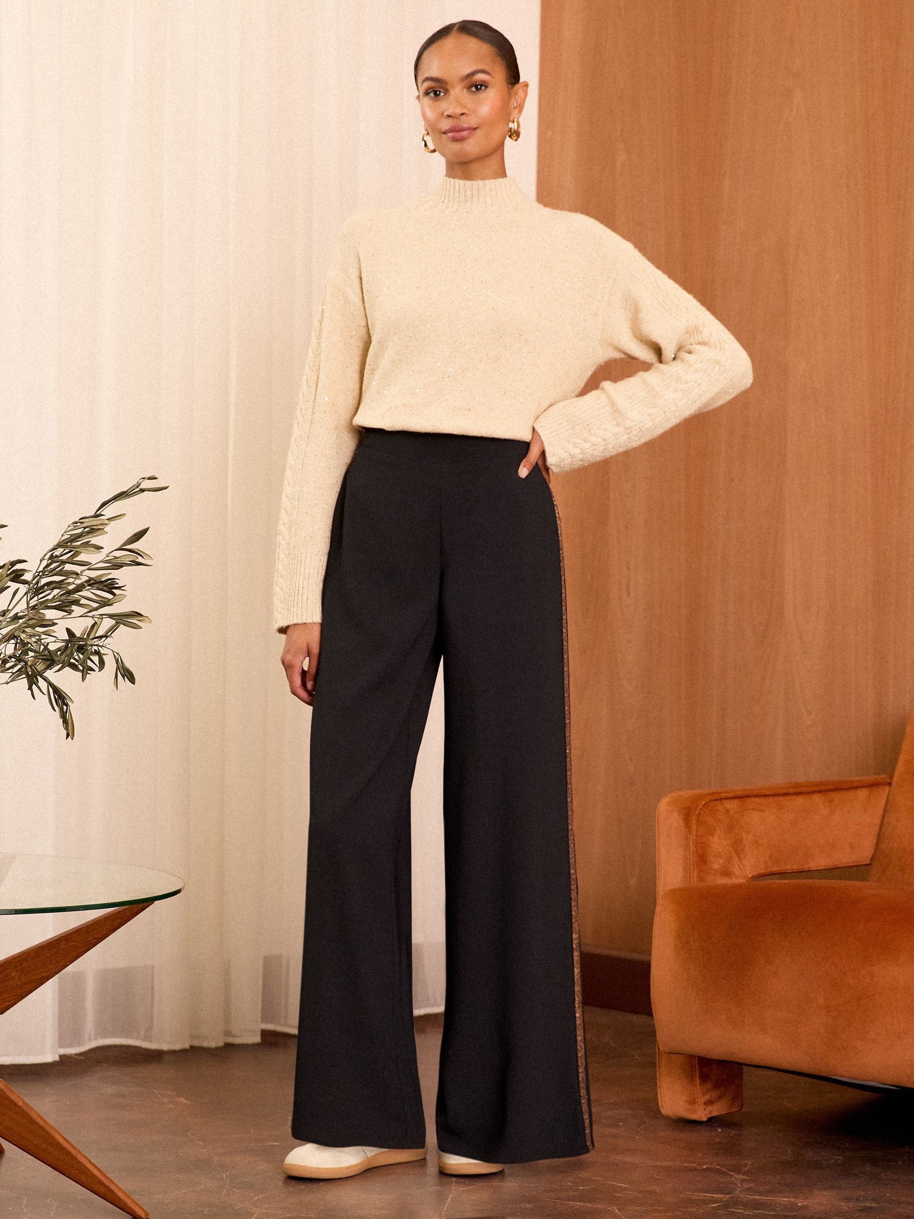 Love Roses Black Sequin Side Stripe Wide Leg Trousers