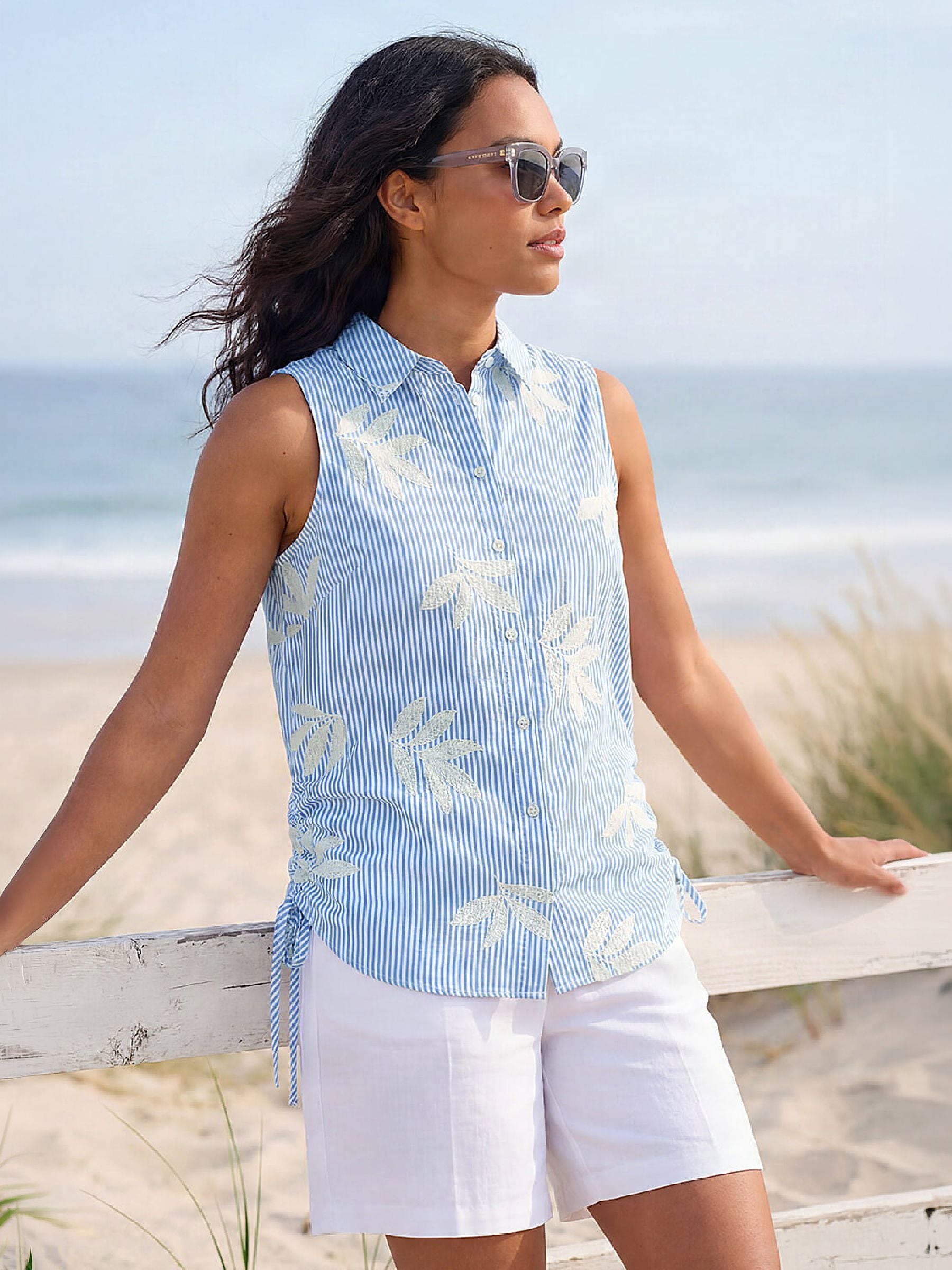 Roman Women's Stripe Leaf Embroidered Button Up Blouse in Blue | Size: 20 - Image 3