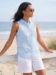 Roman Blue Stripe Leaf Embroidered Button Blouse - Image 1 of 4