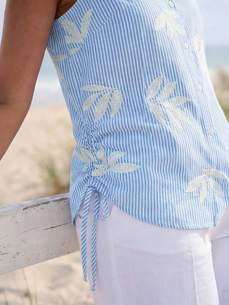 Roman Blue Stripe Leaf Embroidered Button Blouse - Image 4 of 4 Roman Blue Stripe Leaf Embroidered Button Blouse - Image 4 of 4