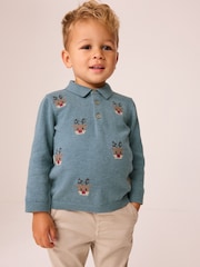 Blue Reindeer 100% Cotton Christmas Long Sleeve Knitted Polo Shirt (3mths-7yrs) - Image 1 of 6