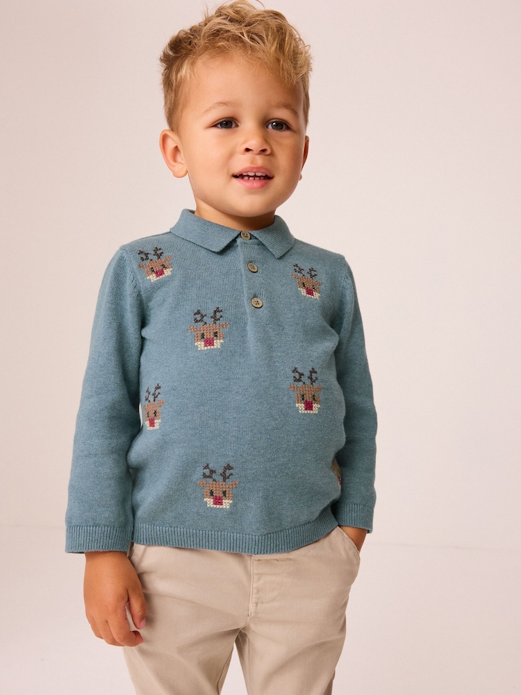 Blue Reindeer 100% Cotton Christmas Long Sleeve Knitted Polo Shirt (3mths-7yrs) - Image 1 of 6