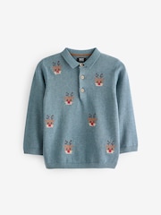 Blue Reindeer 100% Cotton Christmas Long Sleeve Knitted Polo Shirt (3mths-7yrs) - Image 4 of 6