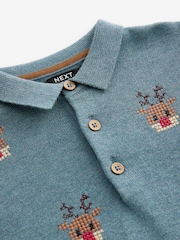 Blue Reindeer 100% Cotton Christmas Long Sleeve Knitted Polo Shirt (3mths-7yrs) - Image 6 of 6