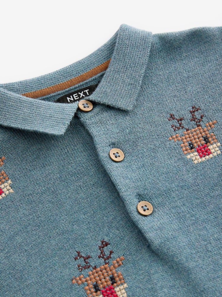 Blue Reindeer 100% Cotton Christmas Long Sleeve Knitted Polo Shirt (3mths-7yrs) - Image 6 of 6