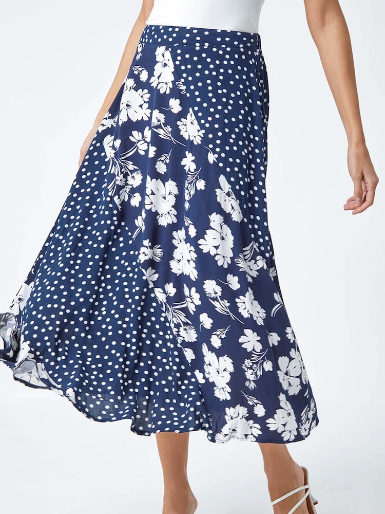 Roman Blue Mixed Floral Spot Print Midi Stretch Skirt - Image 1 of 5
