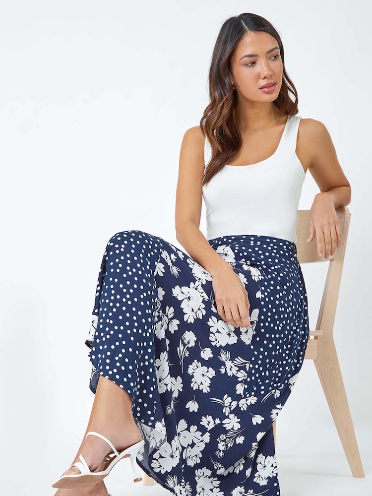 Roman Blue Mixed Floral Spot Print Midi Stretch Skirt - Image 2 of 5