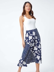 Roman Blue Mixed Floral Spot Print Midi Stretch Skirt - Image 3 of 5