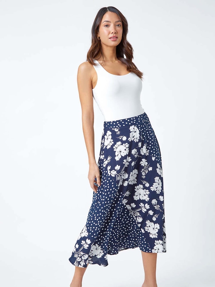 Roman Blue Mixed Floral Spot Print Midi Stretch Skirt - Image 3 of 5