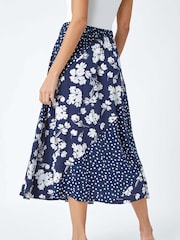 Roman Blue Mixed Floral Spot Print Midi Stretch Skirt - Image 4 of 5
