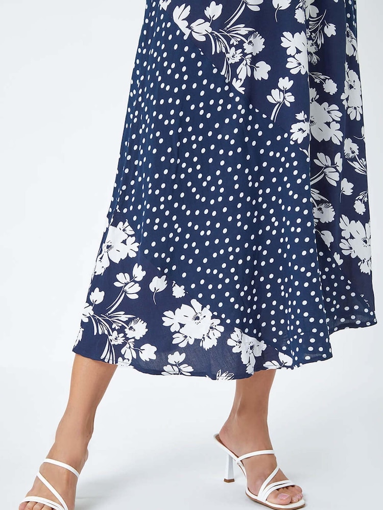Roman Blue Mixed Floral Spot Print Midi Stretch Skirt - Image 5 of 5