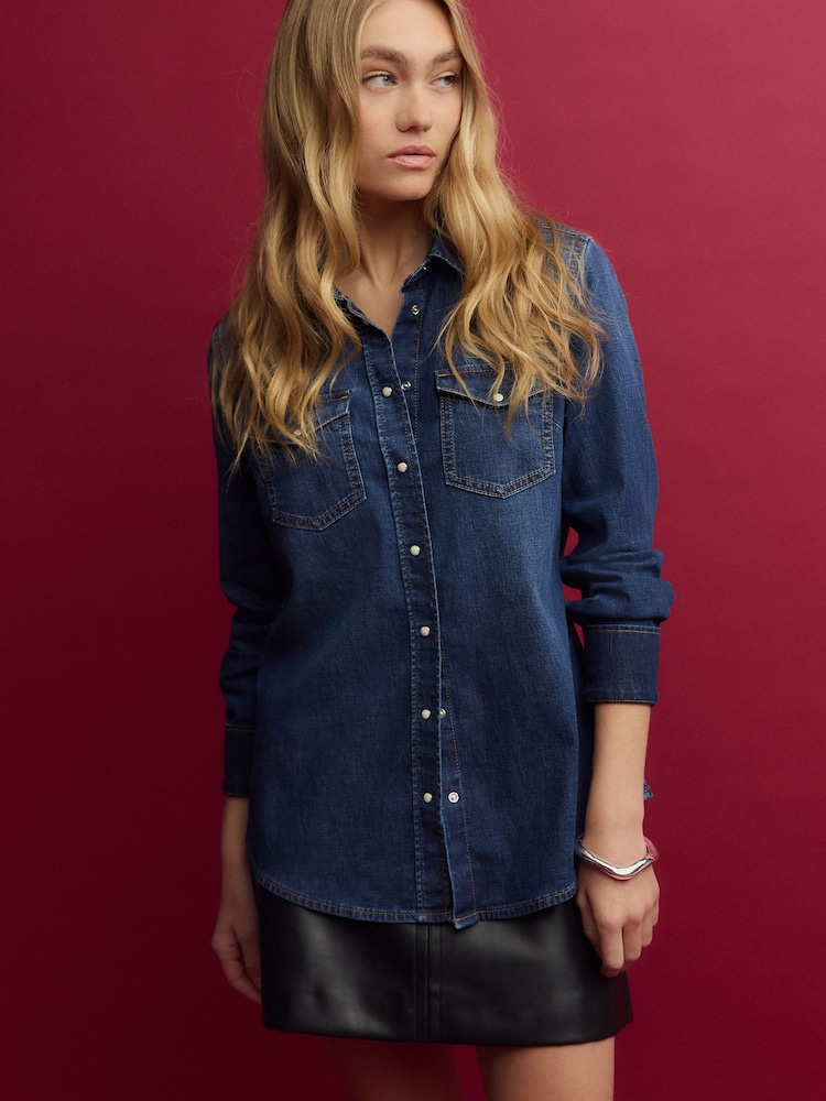 Dark Blue Seam Detail Fitted Denim Western Shirt - Image 2 of 9
