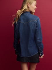 Dark Blue Seam Detail Fitted Denim Western Shirt - Image 3 of 9