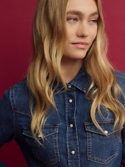 Dark Blue Seam Detail Fitted Denim Western Shirt - Image 4 of 9