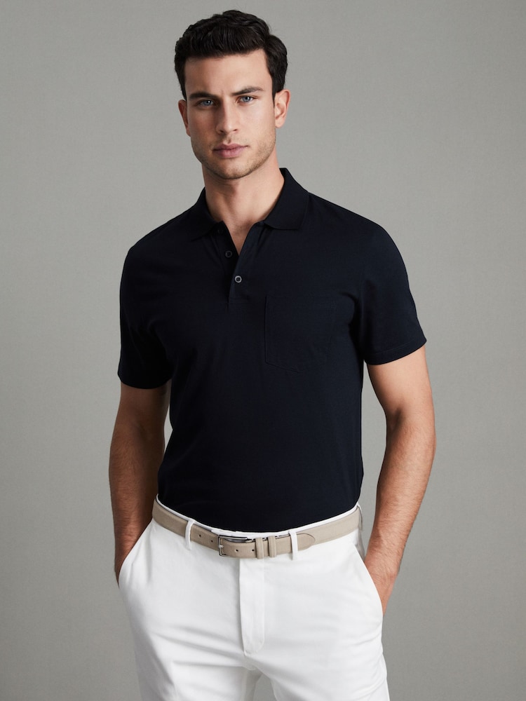 Reiss Navy Austin Mercerised Cotton Polo Shirt - Image 1 of 7