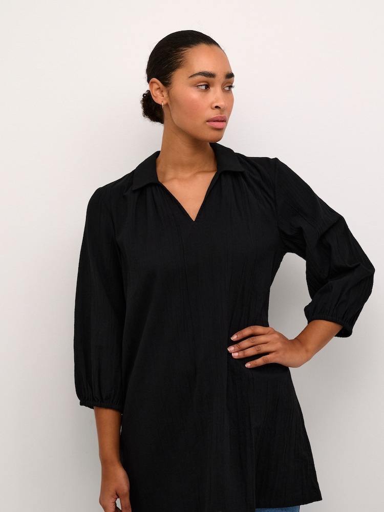 Kaffe Casual Fit Emily Johnny Collar 100% Cotton Black Tunic - Image 1 of 6