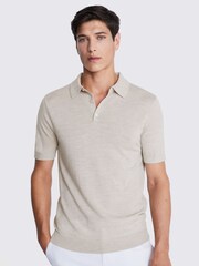 MOSS Oatmeal Natural Merino 3 Button Polo Shirt - Image 1 of 5