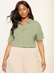 Curves Like These Green Short Sleeve Relaxed Button Through Shirt - Image 1 of 4