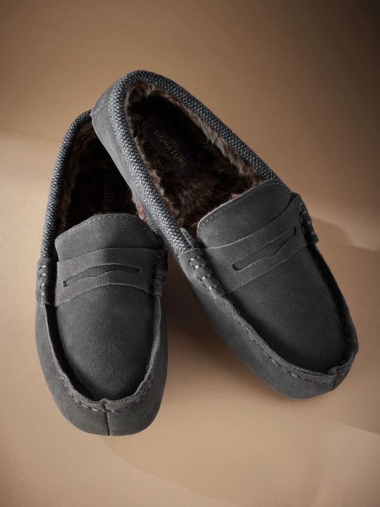 Grey Signature Suede Faux Fur Lined Moccasin Slippers - Image 3 of 6