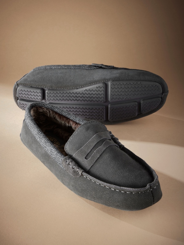 Grey Signature Suede Faux Fur Lined Moccasin Slippers - Image 4 of 6