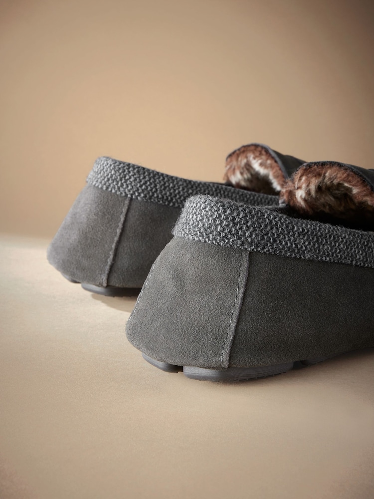 Grey Signature Suede Faux Fur Lined Moccasin Slippers - Image 5 of 6