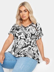 Yours Curve Black Tropical Print Bubble Hem Top - Image 1 of 5