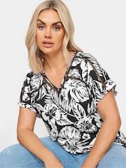 Yours Curve Black Tropical Print Bubble Hem Top - Image 4 of 5