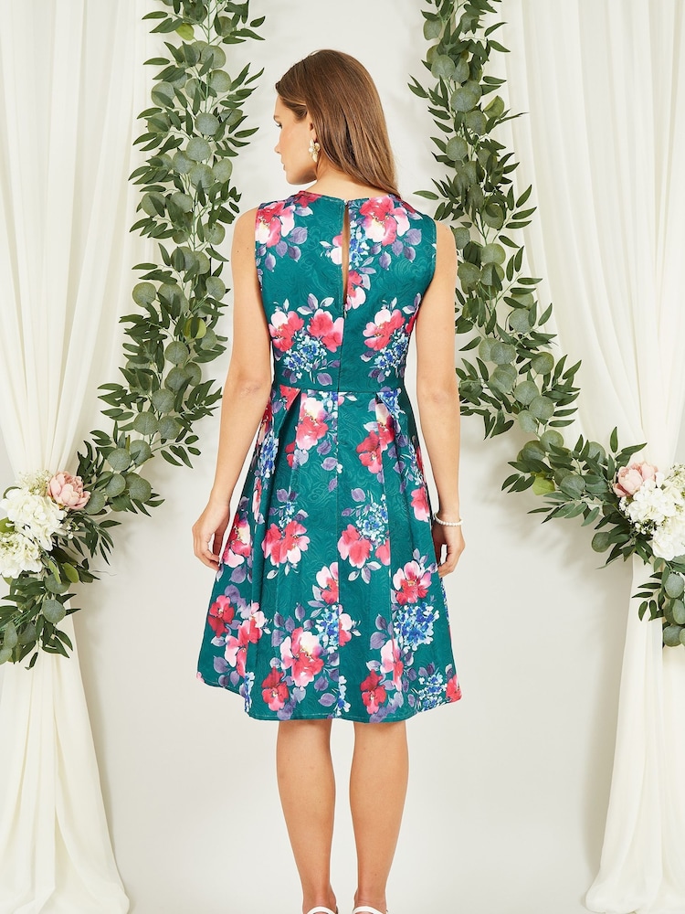 Yumi Green Jacquard Winter Floral Skater Dress - Image 2 of 5