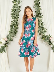 Yumi Green Jacquard Winter Floral Skater Dress - Image 3 of 5