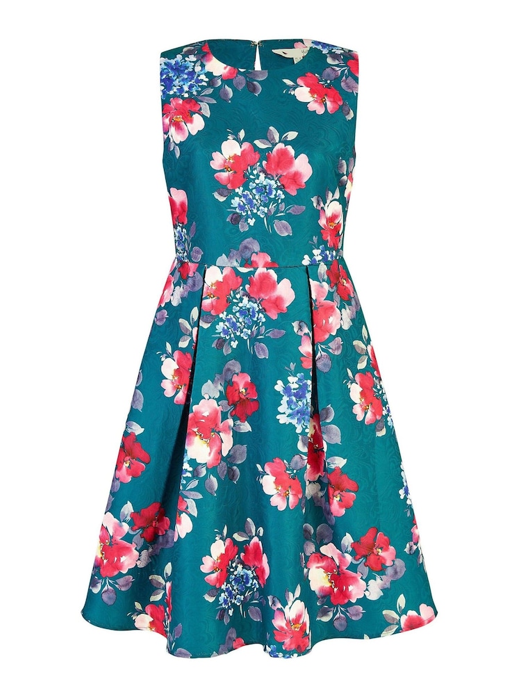 Yumi Green Jacquard Winter Floral Skater Dress - Image 5 of 5