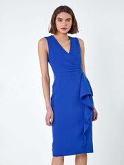 Roman Blue Wrap Draped Crepe Stretch Dress - Image 3 of 5