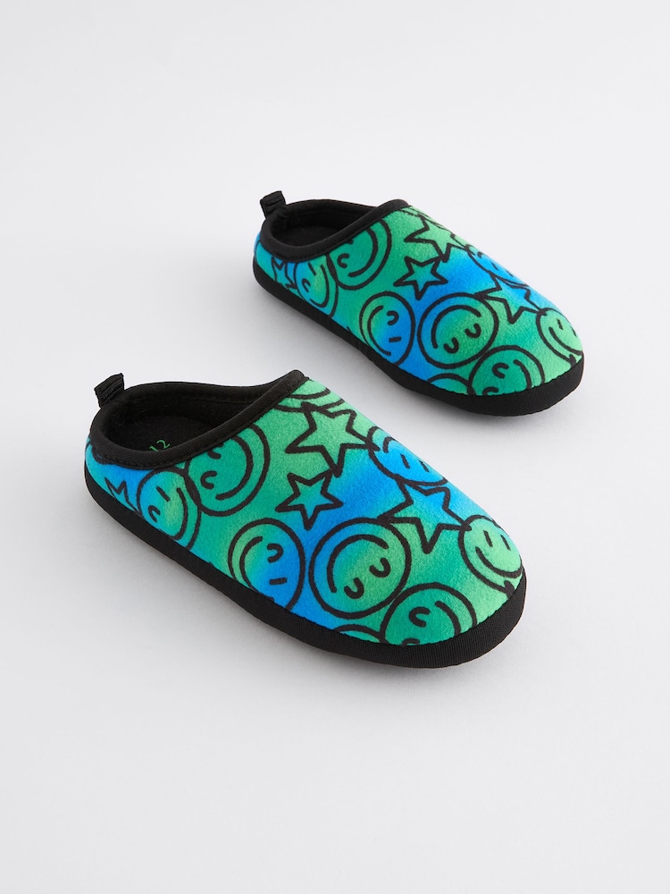 Blue Green Happy Face Warm Lined Mule Slippers - Image 1 of 5 Blue Green Happy Face Warm Lined Mule Slippers - Image 1 of 5