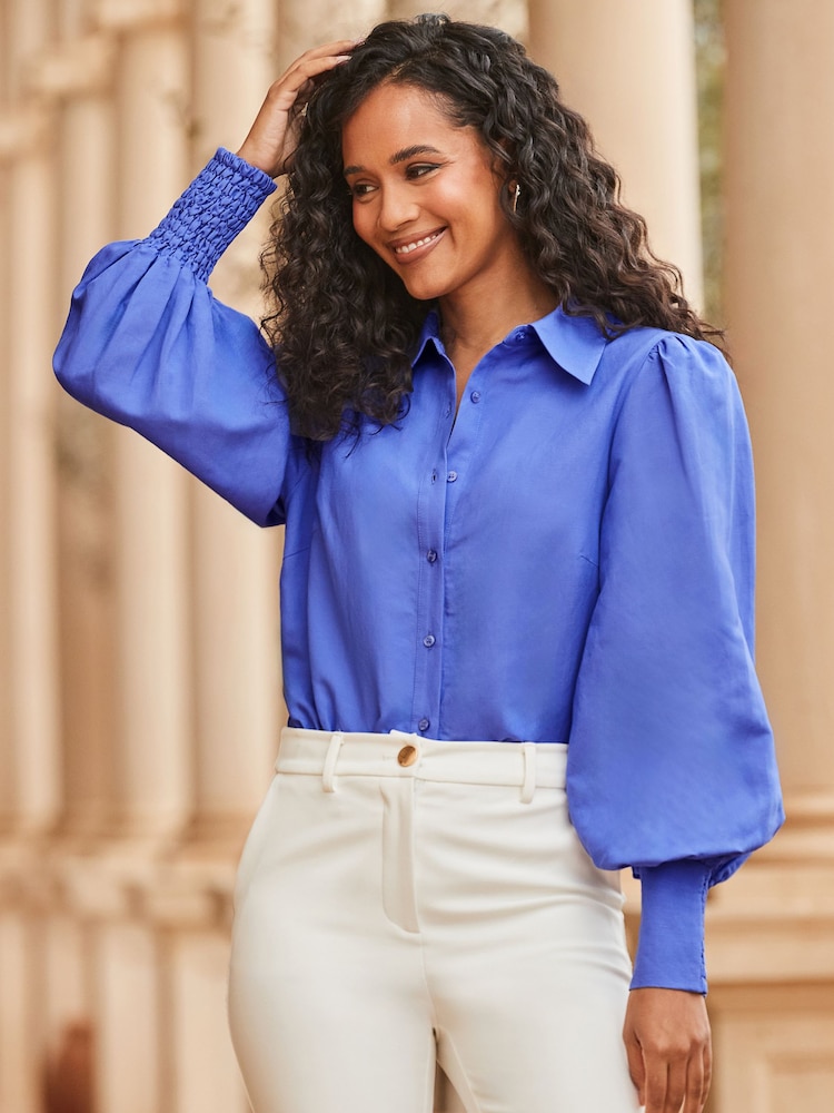 Sosandar Purple Linen Blend Blouson Sleeve Shirt - Image 3 of 6