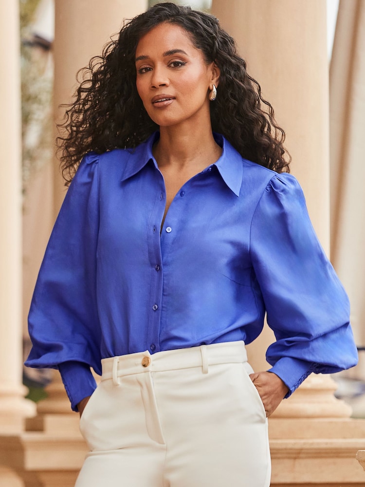 Sosandar Purple Linen Blend Blouson Sleeve Shirt - Image 5 of 6